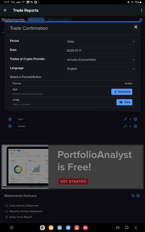 The trade confirmations page on the Android Tablet